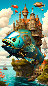 Painting of fish in front of castle with clock on it.