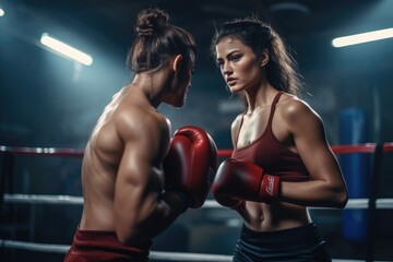 Two women stand side by side in a boxing ring, ready for a match, Young woman in boxing ring trains with partner and sparring equipment nearby, AI Generated