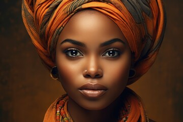 A photo of a woman confidently wearing a traditional turban, reflecting her cultural heritage, young woman with captivating, radiant features, representing African heritage, AI Generated