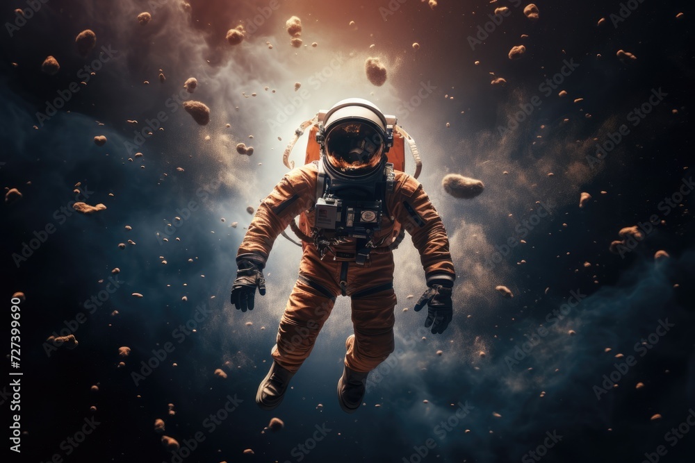 Poster an astronaut peacefully floats in the vastness of space, amidst a stunning array of planets, portrai