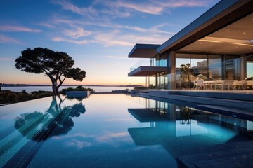 Fototapeta premium A large swimming pool that offers breathtaking views of the expansive ocean, Pool attached to the home with a clear sky, AI Generated