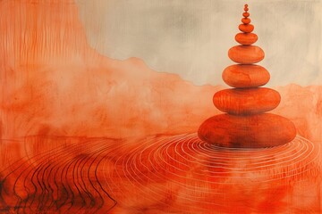 Obraz premium Abstract captivating painting of delicately balanced stacked stones, captured through a masterful blend of art and sketching. Zen, peaceful.