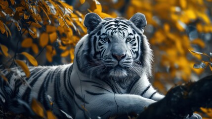 Naklejka premium Stunning close-up of a white tiger in a lush tree jungle, captured in a high-res 8k masterpiece