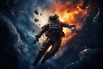 Fototapeta premium A fearless man in a space suit flies gracefully through the air, defying gravity and exploring the unknown, Portrait of astronaut floating in space, AI Generated