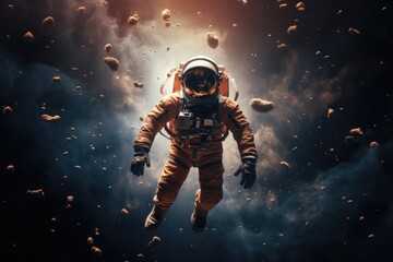 Fototapeta premium An astronaut peacefully floats in the vastness of space, amidst a stunning array of planets, Portrait of astronaut floating in space, AI Generated