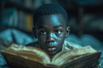 A young boy engrossed in a book, his face illuminated by the soft indoor light, lost in the magic of words and imagination