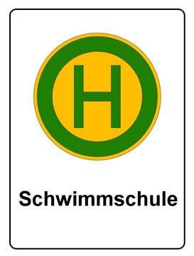 Illustration eines Bushaltestellen Schildes mit der Aufschrift "Schwimmschule"	
