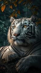 Naklejka premium Close-up shot showcasing the beauty of a white tiger amidst the lush greenery of a tree jungle.
