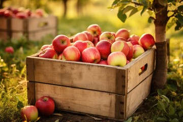 A wooden crate bursting with countless, vibrant red apples, ready to be enjoyed, Ripe organic apples in a wooden boxes on the background of an apple orchard, AI Generated