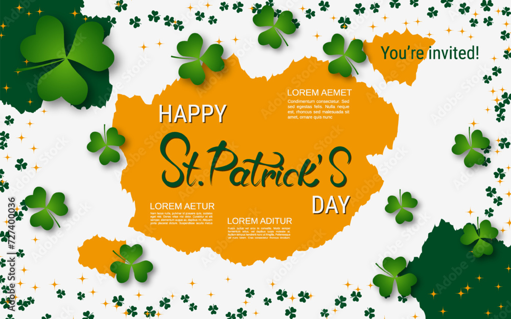 Poster st.patrick's day vector illustration. orange-white background with colorful clover leaves and design