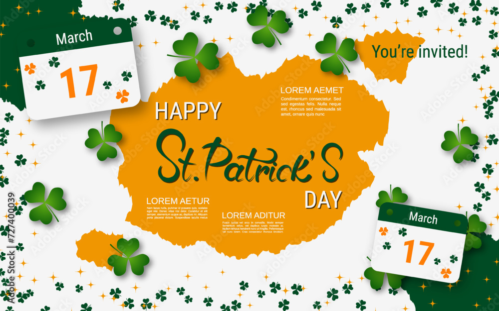 Poster st.patrick's day vector illustration. orange-white background with colorful clover leaves and design