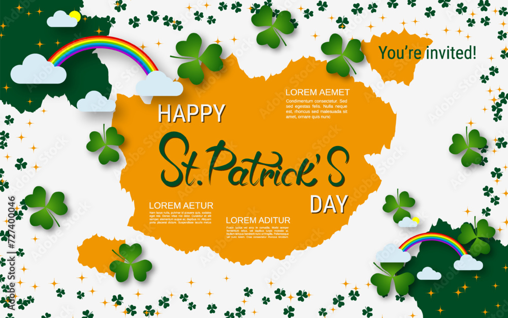 Poster st.patrick's day vector illustration. orange-white background with colorful clover leaves and design