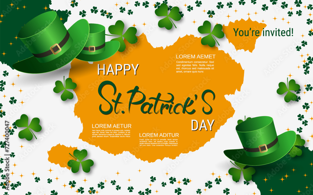 Poster st.patrick's day vector illustration. orange-white background with colorful clover leaves and design