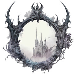 Gothic portal with a Magic landscape. Fantasy dark mood stone gate watercolor illustration. - obrazy, fototapety, plakaty