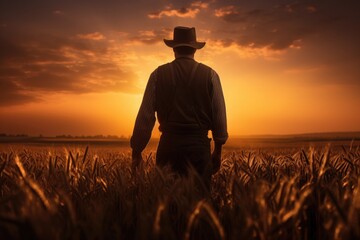 A man wearing a cowboy hat stands confidently in a beautiful open field, Silhouette of a farmer amidst a wheat field, gazing at the setting sun, AI Generated