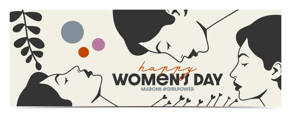 Black and white International Women's Day, March 8 banner, cover, poster, greeting card, label, flyer with women faces and colorful details
