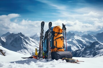 Backpack and Skis on Snowy Mountain, Adventure Gear Resting on Majestic Landscape, Ski in winter season, mountains and ski touring equipments, AI Generated