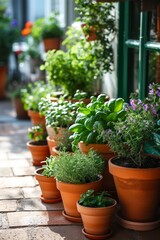 A container garden on a sunny patio, showcasing a variety of potted plants and herbs.