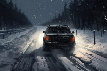 A truck confidently maneuvers through a snowy landscape, leaving tire tracks in its wake, SUV car on snow road, Tires on snowy highway detail, AI Generated