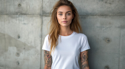 Woman With Tattoos Standing Against a Concrete Wall