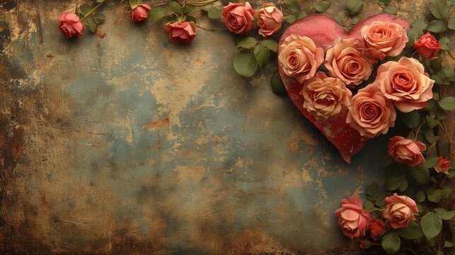 Fototapeta Tło vintage z narożną ramką zrobioną z różowych róż i serca. Textura starej ściany