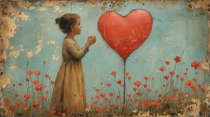 Dziewczynka wśród kwiatów i czerwony balon w kształcie serca. Malunek vintage na drewnie ze starą zdrapaną farbą - obrazy, fototapety, plakaty