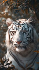 Fototapeta premium Stunning close-up of a white tiger in a lush tree jungle, captured in a high-res 8k masterpiece