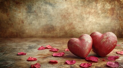 Na stole leżą dwa czerwone serca oraz płatki róż symbolizujące tematykę walentynkową i miłość oraz romans. - obrazy, fototapety, plakaty