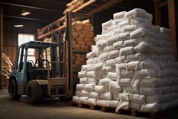 A busy forklift in a warehouse is transporting stacks of white bags with efficiency and precision, Warehouse intake, forklift lift-off sugar bags from truck to stack inside a warehouse, AI Generated