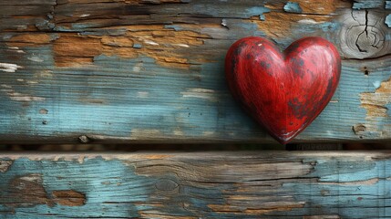 Na postarzałej drewnianej powierzchni znajduje się czerwone serce, symbolizujące tematy walentynkowe, miłości i romansu. - obrazy, fototapety, plakaty