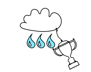 Abstract blue drop with clouds and trophy as line drawing on white