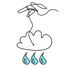 Abstract blue drop with clouds and hand as line drawing on white