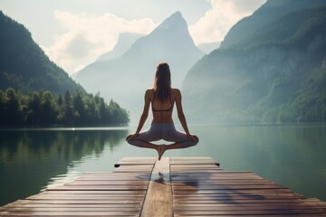 A woman calmly practices yoga, seated in a serene pose on a wooden dock, Young girl practice yoga on wooden pier with a view on lake and beautiful landscape, AI Generated