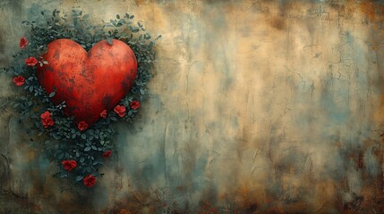 Na obrazie widoczne jest serce, otoczone kwiatami, nawiązujące do tematyki walentynkowej, miłości i romansu.