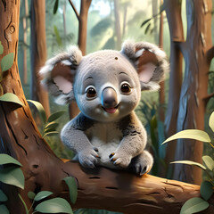 Koala in a forest. Illustration of a cute baby koala. Image made in AI.