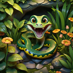 Friendly snake in a forest. Illustration of a smiling snake. Image made in AI.