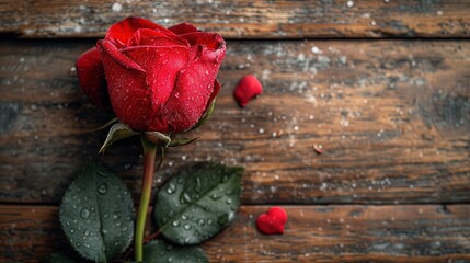 Czerwona róża leży na drewnianym stole, podkreślając temat walentynkowy i miłości oraz romansu. - obrazy, fototapety, plakaty