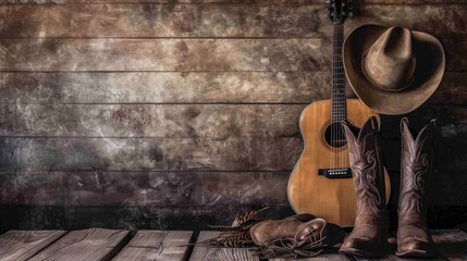 an acoustic guitar, cowboy hat, and boots arranged against a blank wooden plank grunge background, providing ample copy space for text or branding.