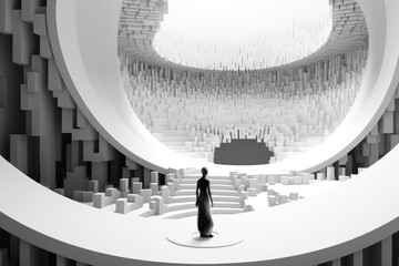 A person stands in front of a circular structure., Monochromatic conceptual design of digital evolution, AI Generated