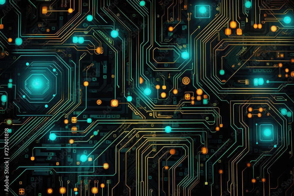Poster a computer circuit board with glowing lights showcasing its intricate design and functional capabili