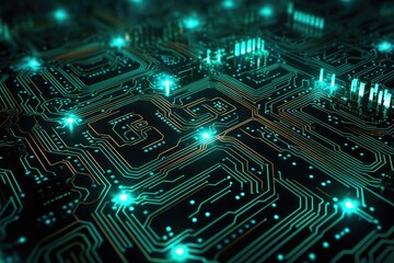 This image showcases a detailed view of a computer circuit board, revealing the intricate network of electronic components and connections., Neon maze of circuit board patterns, AI Generated