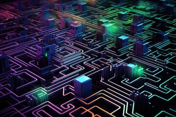 Step into a mesmerizing labyrinth of neon lights in this stunning computer-generated image., Neon maze of circuit board patterns, AI Generated