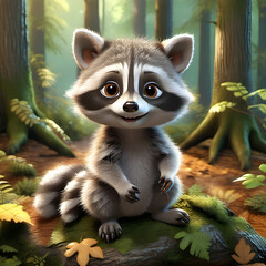 Baby raccoon. Illustration of a cute Raccoon in a forest. Image made in AI.