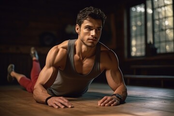 Fototapeta na wymiar A man is seen laying on the floor of a gym, taking a moment of rest after a challenging workout., Nice handsome man lying on the floor and doing a special sports exercise, AI Generated