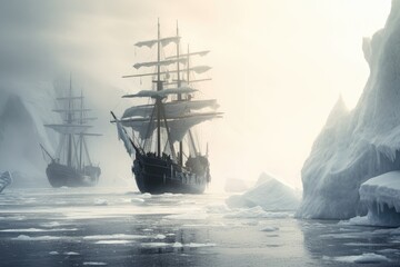 A fleet of ships sails through the ocean waters surrounded by towering icebergs., Old vessels navigating through icy waters in the North Pole, AI Generated