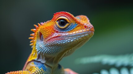 Fototapeta premium Close-up photograph capturing the detailed expression of an exotic lizard in the lush rainforest. Macro portrait shot.