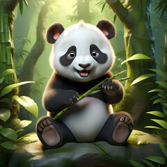 Cub panda in a forest. Fun animal in a friendly scene. Image made in AI.