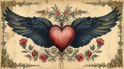 Arcydzieło przedstawiający serce z widocznymi czarnymi skrzydłami i otoczone kwiatami. Vintage style