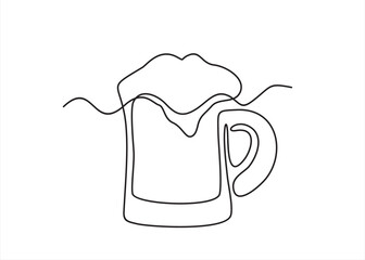 Continuous one line drawing of beer glass with foam. Craft drink alcohol ale in simple linear style for bar and pub concept for menu. Oktoberfest equipment. Editable stroke. Doodle Vector illustration