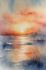 Watercolor Sunrise landscape ,Morning Glow